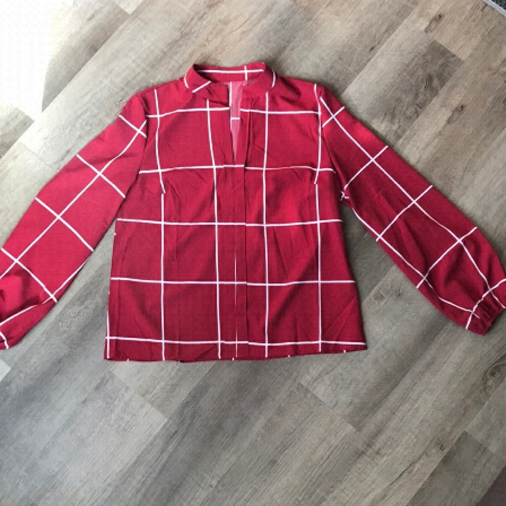Light weight blouse Windowpane Plaid Notched Neck Shein